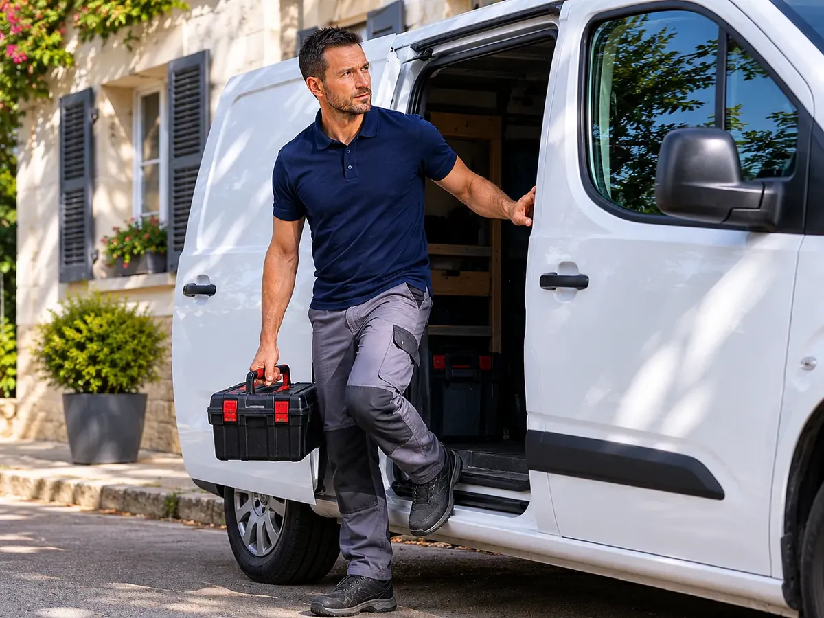 Technicien en route pour un dépannage Technicien sortant de son utilitaire avec sa caisse à outils pour une intervention à domicile
