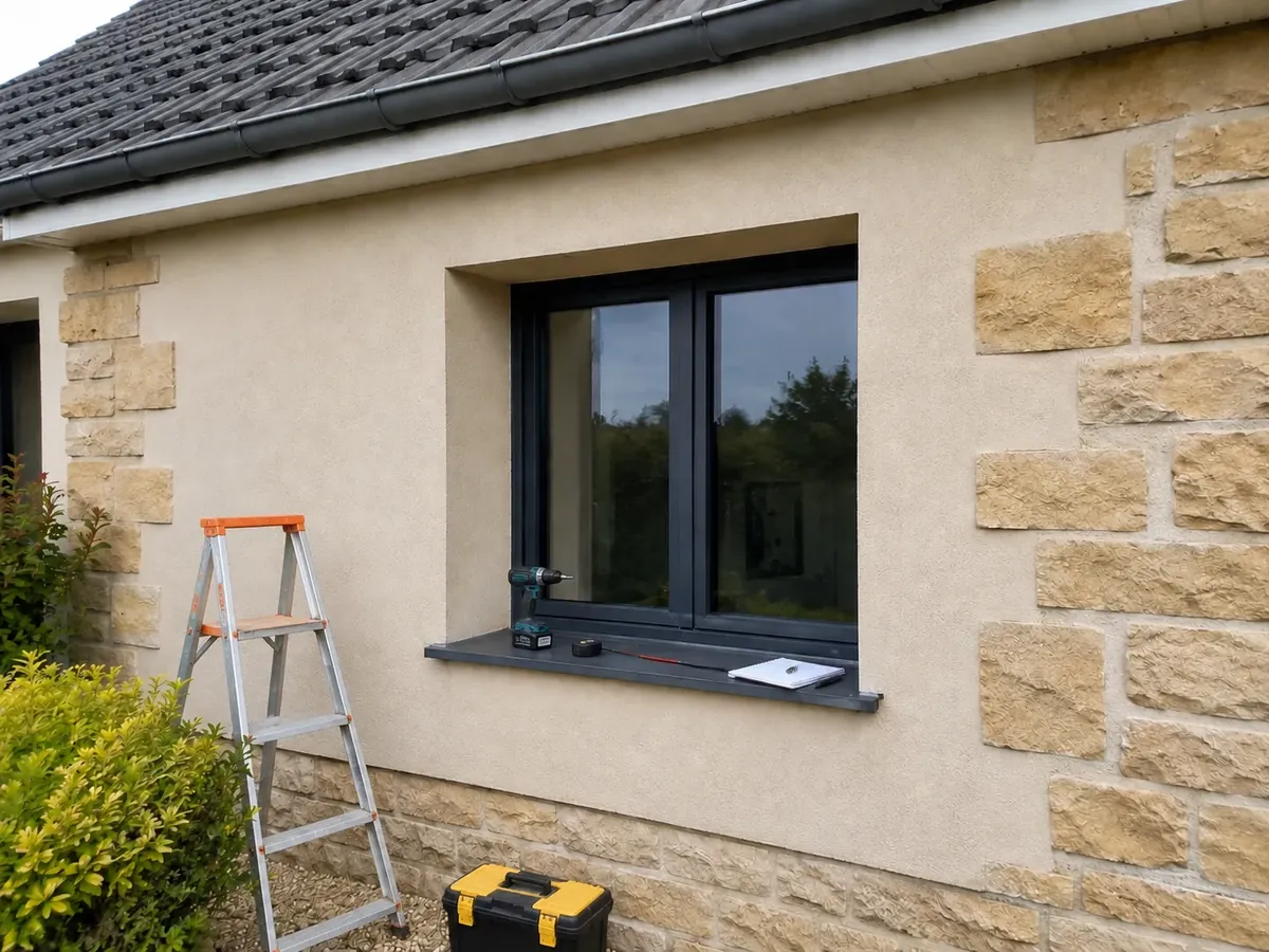 Prise de mesures avant pose de volets Fenêtre aluminium sur façade en pierre, outillage prêt pour la prise de mesures avant la pose de volets