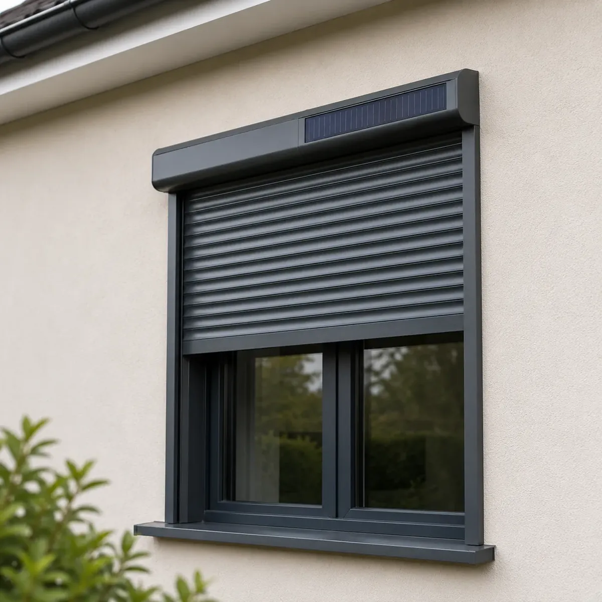 Volet roulant solaire, détail du coffre Volet roulant solaire gris anthracite avec panneau photovoltaïque sur le coffre, posé sur une fenêtre aluminium