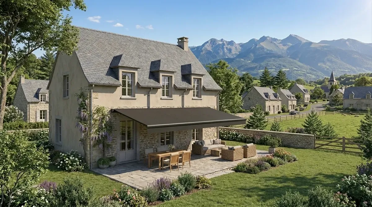 Store banne sur maison en pierre Maison en pierre avec store banne au-dessus de la terrasse, montagnes des Pyrénées en arrière-plan